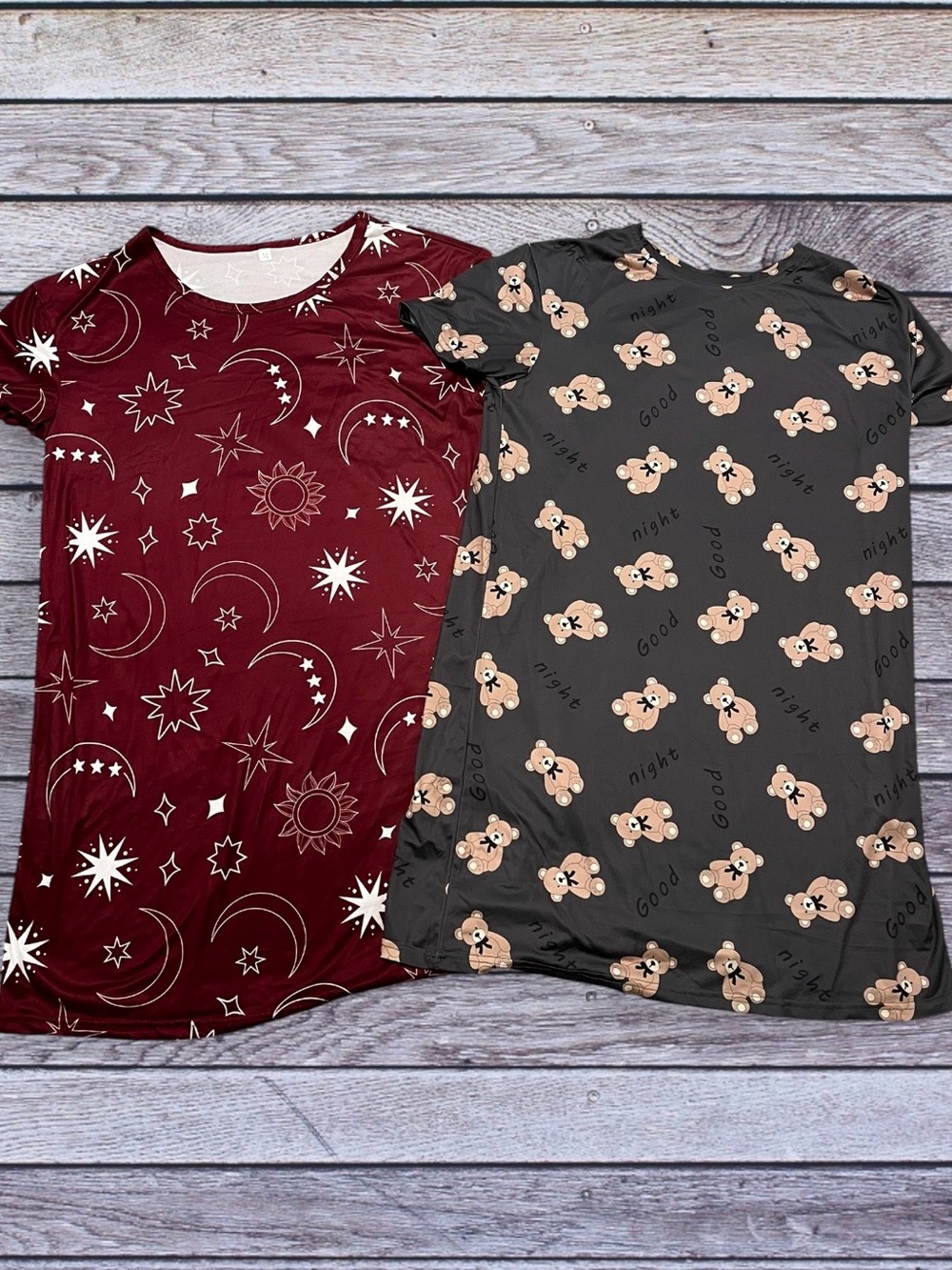 Women’s Short Sleeve Nightgowns Burgundy Celestial & Charcoal Bear Print Medium
